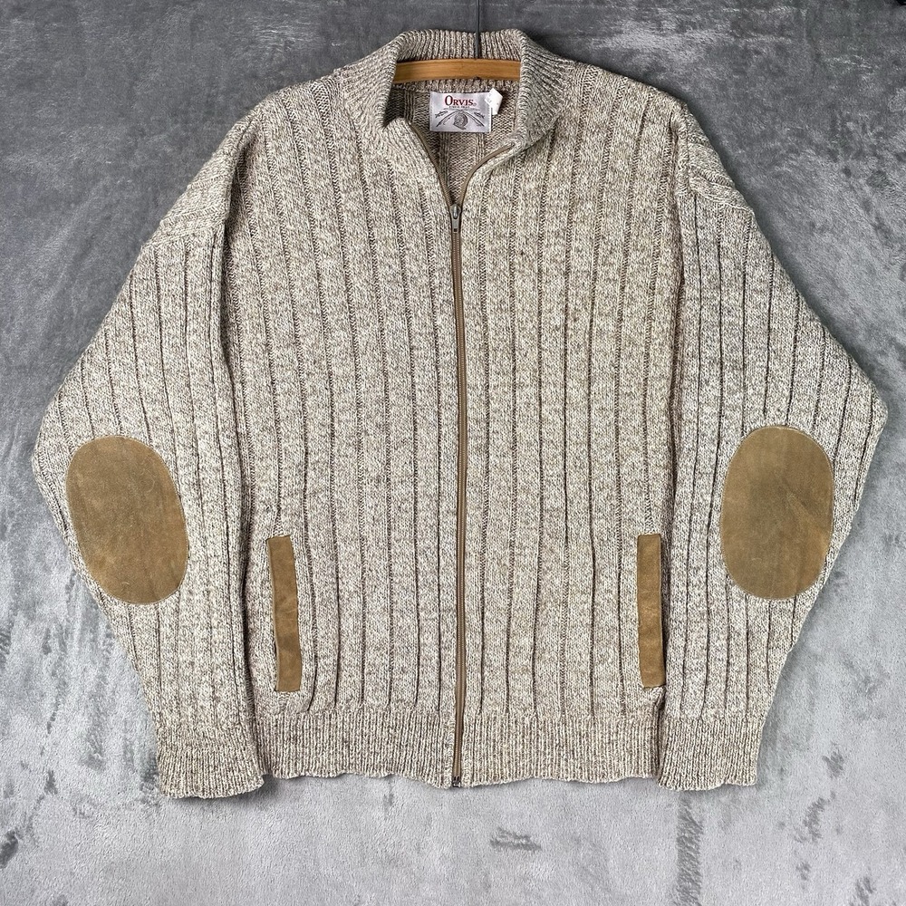 Vintage Orvis Sweater Mens Size M Tan Wool Blend Full Zip Elbow Patch Fisherman